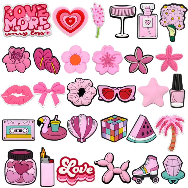 1/30PCS Girls' Shoe Charms – Flower, Perfume, Piano & Cassette Clog Pins in Pink, Cute Shoe Decorations for Women & Kids