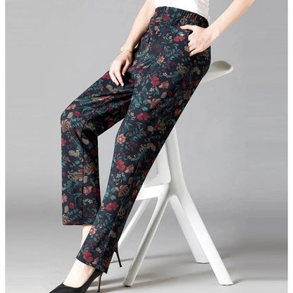8XL Plus Size Women's Winter Pants – Printed Elastic High-Waist Velvet Trousers, Warm Straight-Leg Casual Oversized Fit