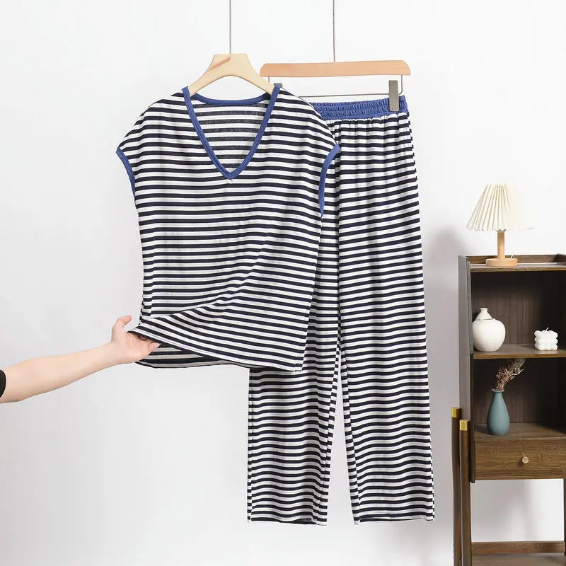 XL-8XL Plus Size Modal Pajama Set – 2PCS Short-Sleeve Striped T-Shirt & Pants, Lightweight Summer Loungewear for Home & Sleep