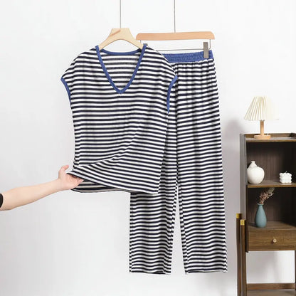 XL-8XL Plus Size Modal Pajama Set – 2PCS Short-Sleeve Striped T-Shirt & Pants, Lightweight Summer Loungewear for Home & Sleep