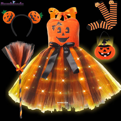 Girls LED Light-Up Witch Costume Dress – Halloween Vampire Cosplay Outfit for Carnival, Masquerade, Performance & Pumpkin Parties
