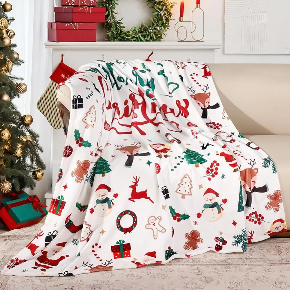 Soft Plush Christmas Blanket – Cute Santa Claus, Pink Christmas Tree & Snowflake Warm Throw Blanket for Couch & Holiday Home Decor