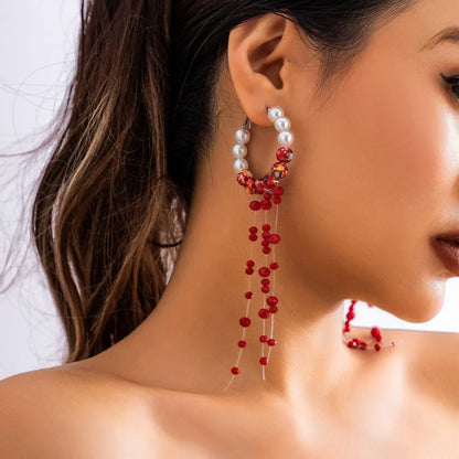 Gothic Red Crystal Pearl Tassel Earrings – Long Blood Drop Dangle Earrings for Women, Beaded Statement Jewelry for Halloween & Parties