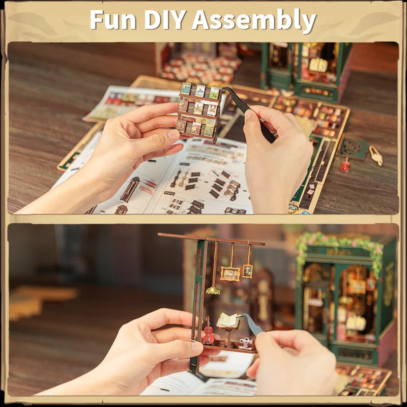 CUTEBEE Kit DIY de Rincón de Libro con Luces LED – Modelo de Estantería en Miniatura de Madera de Búho y Decoración