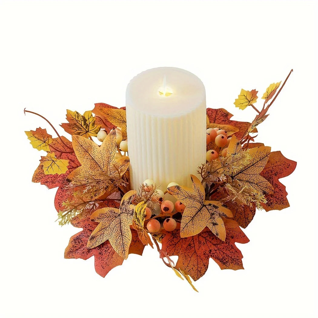 1PC Autumn Harvest Christmas Candle Holder – Faux Maple Leaf Wreath Centerpiece for Holiday Tables, Festive Parties & Home Decor