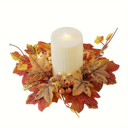 1PC Autumn Harvest Christmas Candle Holder – Faux Maple Leaf Wreath Centerpiece for Holiday Tables, Festive Parties & Home Decor
