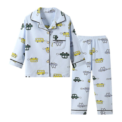 Kids' Cotton Pajama Set – Soft Cartoon Print Long-Sleeve Lapel Sleepwear for Boys & Girls, Comfortable Loose Spring Nightwear