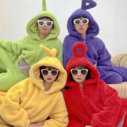 Teletubbies Inspired Adult Cosplay Pajamas – Tinky Winky / Laa-Laa / Po Soft Long Sleeve Onesie Costume (4 Colors)