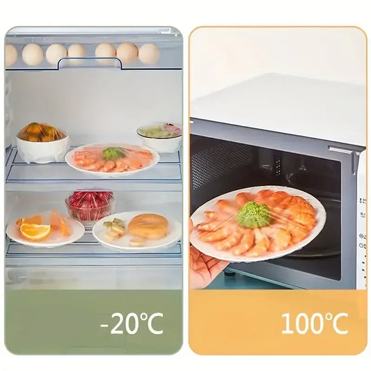 100 unidades de cubiertas desechables para alimentos - Tapas de cuencos de grado alimenticio para mantener frescos, bolsas elásticas de plástico tipo Saran Wrap para almacenamiento y conservación de alimentos de cocina