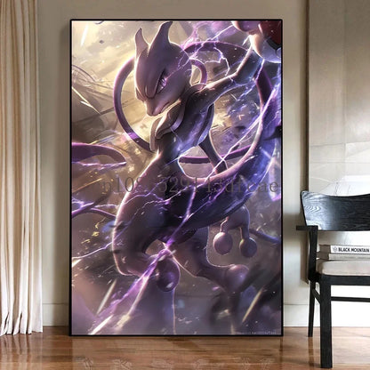 Pokémon Mewtwo HD Canvas Wall Art – Anime Watercolor Poster Print Modern Home Decor