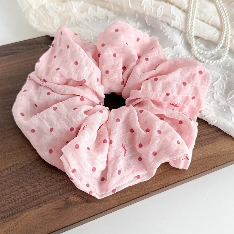 Korean Dot Satin Scrunchies – White & Black Silk Elastic Hair Ties for Women & Girls | Fashion Ponytail Hair Accessories