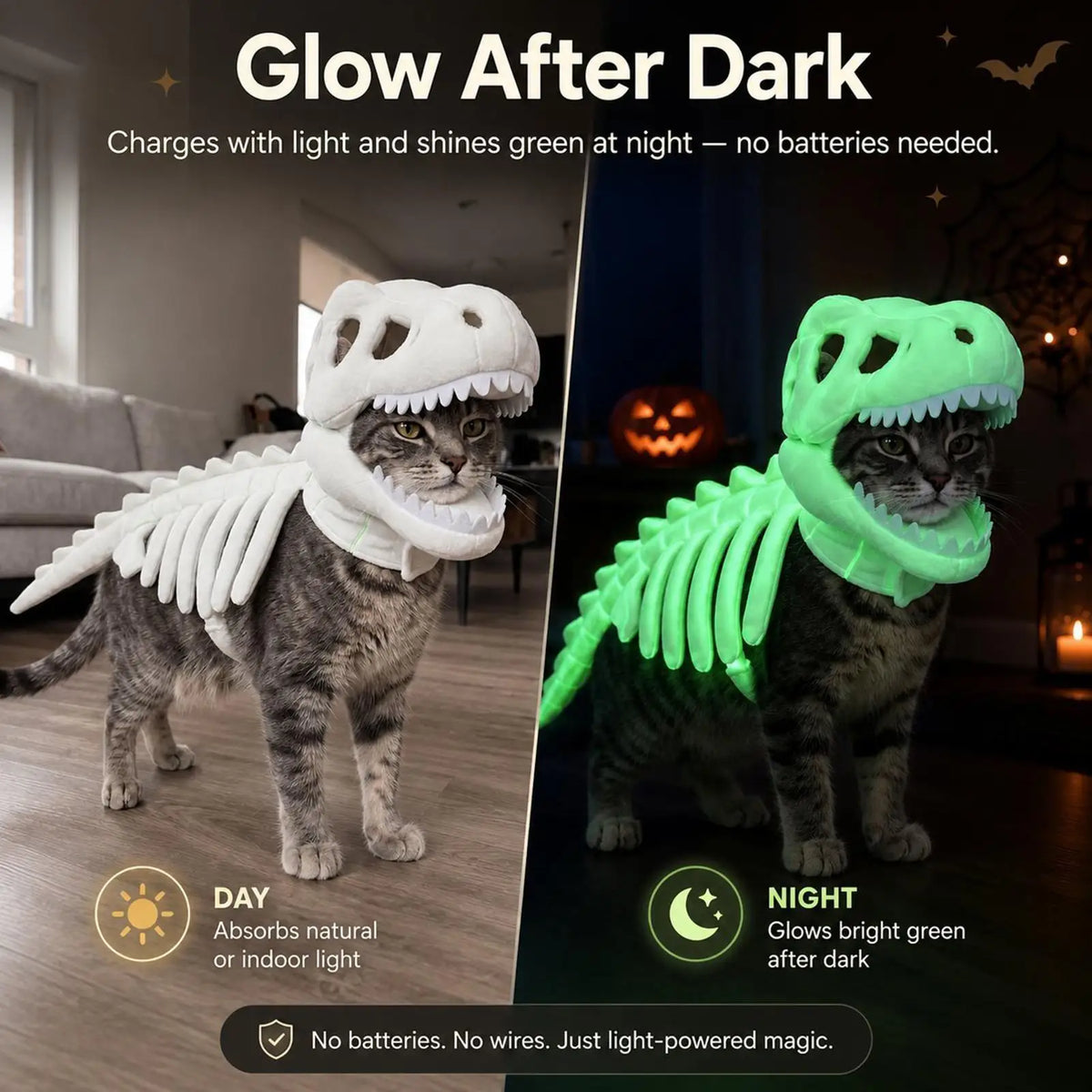 Glow-in-the-Dark Dinosaur Skeleton Pet Costume – Soft Fluffy Dinosaur-Shaped Halloween Role-Play Outfit for Cats & Small Dogs