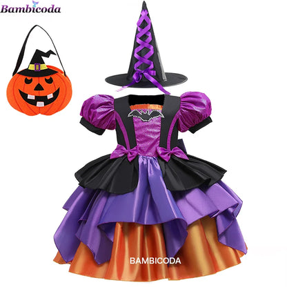 Girls Pumpkin Halloween Costume Dress – Fancy Bat Print Witch Princess Ball Gown for Cosplay, Festival & Party