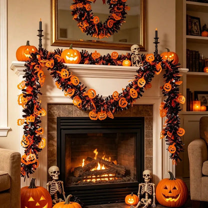 2M/4M Halloween Pumpkin Garland – Black & Orange Pumpkin Cutout Streamer, Spooky Hanging Decor for Front Doors, Outdoor Displays & Halloween Parties