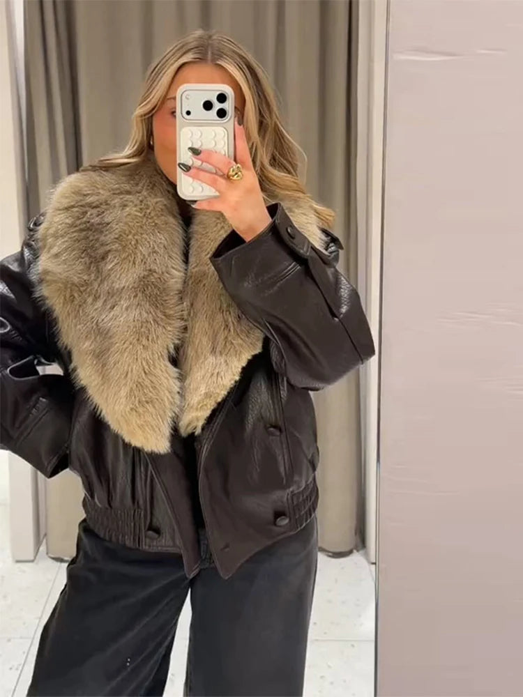 Women’s PU Leather Short Jacket – Contrast Fur Collar Double-Breasted Warm Coat, Stylish Autumn & Winter Outerwear
