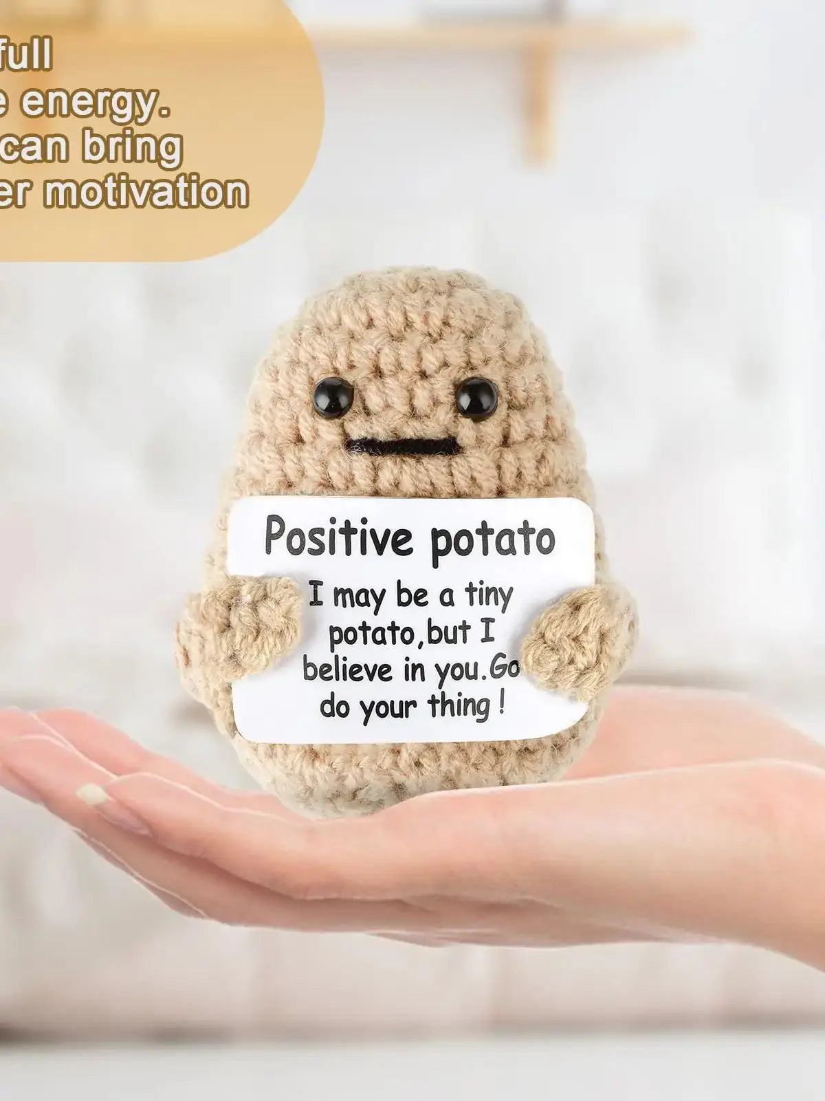 Peluche Pomme de terre Énergie positive – Décoration de chambre tricotée à la main en laine avec carte d'inspiration, cadeau de Noël mignon et amusant et ornement de bureau