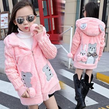 dsGirls Winter Jacket 3-12 Years, Thick Warm Hooded Coat with Zipper, Waterproof Autumn and Christmas Outerwear for Ki