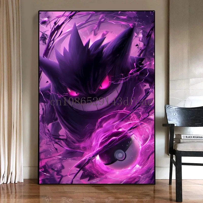 Pokémon Canvas Wall Art – Gengar Anime Ink Painting Poster Print for Living Room & Kids Room Decor