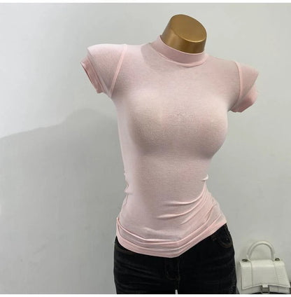 Half High Collar Korean T-Shirt – Transparent Short Sleeve Slim Fit Elastic Inner Top, Solid Color Bottoming Shirt for Women, Stylish Layering & Fashion Casual Wear
