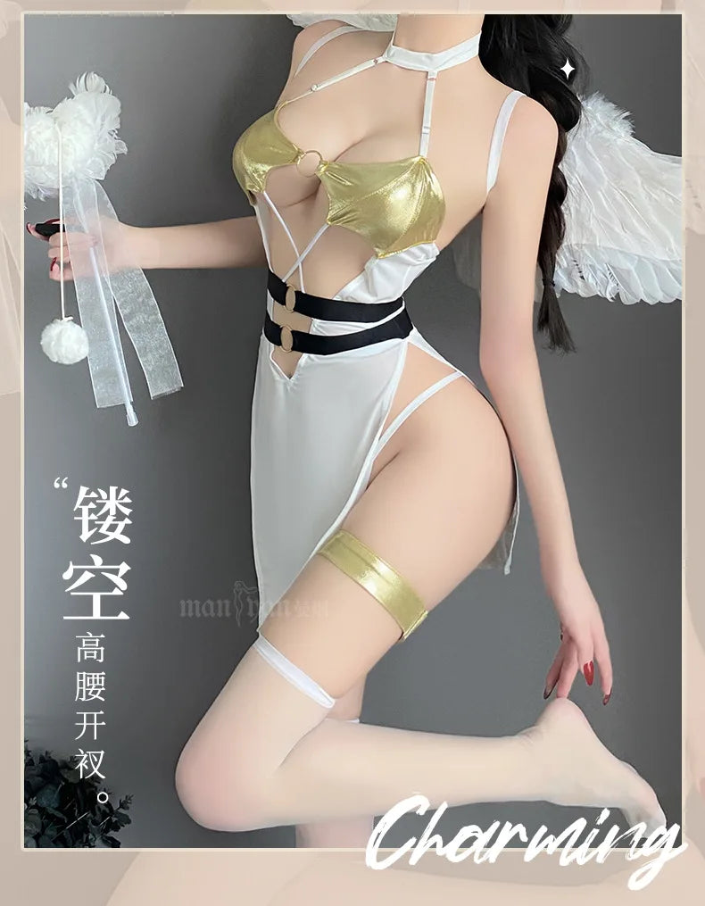 Woman Character Angel Role Play Costume – Japanese Anime Kimono Slit Elf Goddess Dress COS Uniform Set