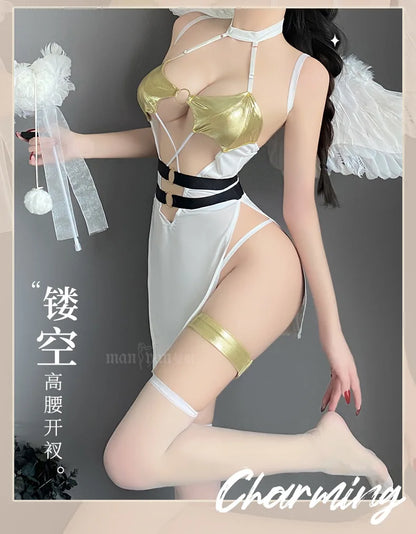 Woman Character Angel Role Play Costume – Japanese Anime Kimono Slit Elf Goddess Dress COS Uniform Set