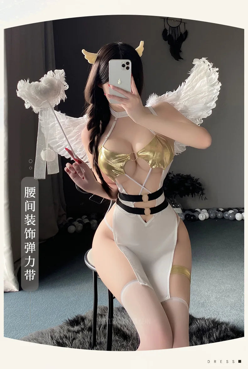 Woman Character Angel Role Play Costume – Japanese Anime Kimono Slit Elf Goddess Dress COS Uniform Set