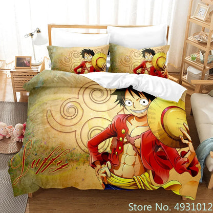 One Piece Luffy 3-Piece Bedding Set – 3D Cartoon Anime Duvet Cover & Pillowcase Set for Kids, Boys, Teens & Adults