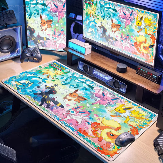 Alfombrilla de escritorio XXL con temática de anime japonés – Alfombrilla de ratón extendida de Eevee Kawaii (900×400 para teclado y ratón de gaming)