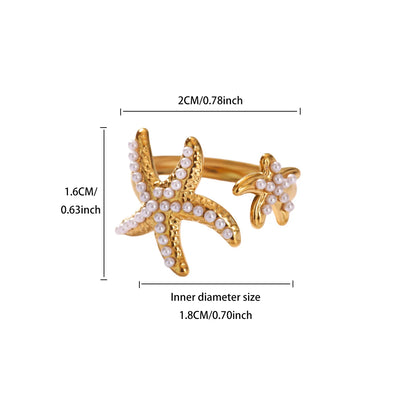 Gold Stainless Steel Starfish & Shell Ring – Adjustable Waterproof Beach-Inspired Ring for Women