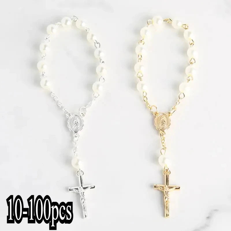 Mini Chapelet Cadeaux de Baptême – Bracelet Chapelet Perles Croix Catholique, Cadeaux Souvenirs Communion & Baptême, Faveurs Religieuses pour Célébrations de Baptême (10-100pcs)