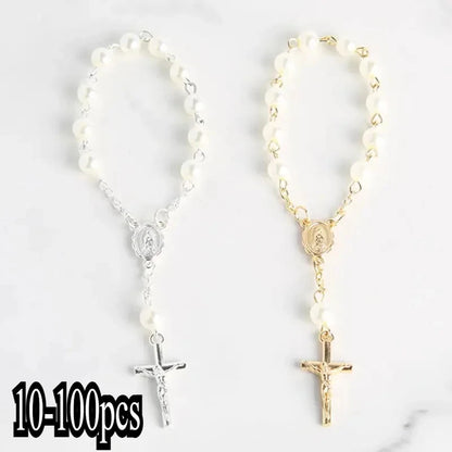 Mini Chapelet Cadeaux de Baptême – Bracelet Chapelet Perles Croix Catholique, Cadeaux Souvenirs Communion & Baptême, Faveurs Religieuses pour Célébrations de Baptême (10-100pcs)