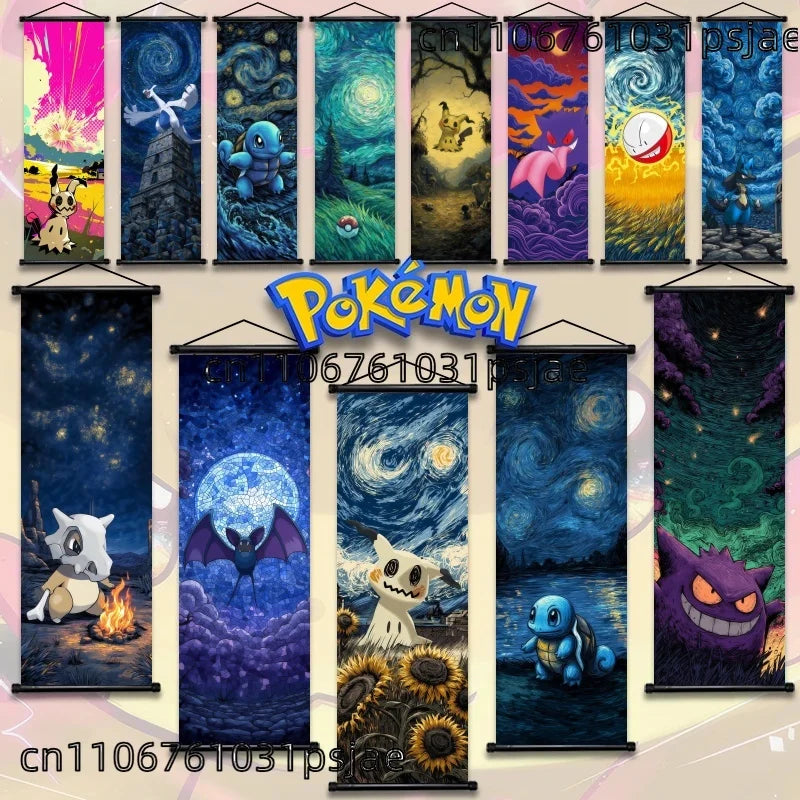 Pokémon Gengar, Squirtle y Mimikyu Noche Estrellada – Lienzo Decorativo Enrollable para Pared – Regalo para Decoración del Hogar