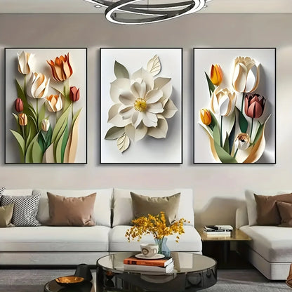Set of 3 3D Floral Canvas Wall Art Prints – Modern Aesthetic Frameless Flower Posters for Home, Office & Living Room Decor