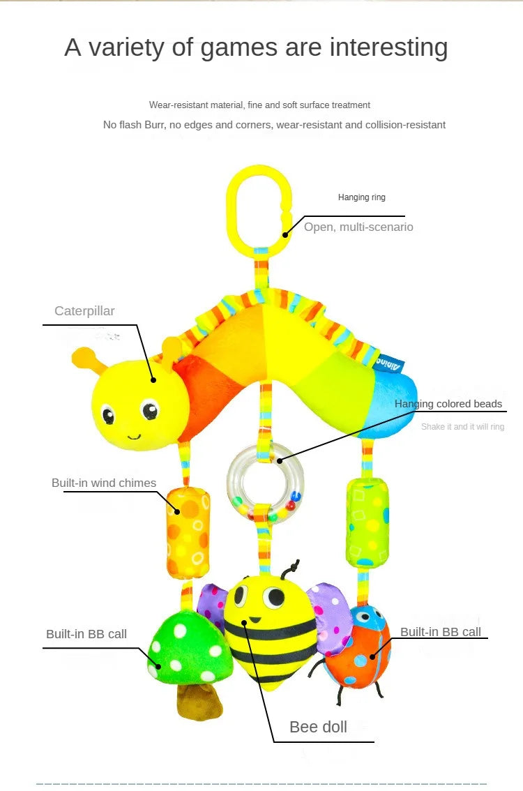 Peluche de actividades "Bebé Arcoíris" – Juguete sensorial colgante para cochecito para 0-12 meses, juguete móvil para asiento de coche y cuna, juguete de viaje suave y educativo para el desarrollo y juego del recién nacido.