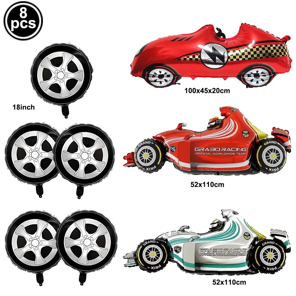 Racing Car Birthday Party Decorations – Race Car, Tire Wheel, Traffic Cone & Checkered Balloons for Kids' Racing-Themed Parties