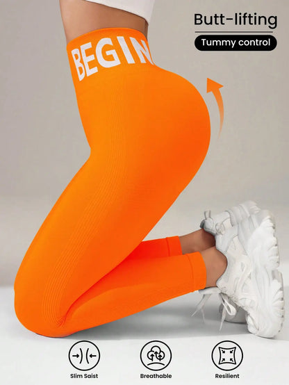Seamless Yoga Leggings – High-Waist Butt-Lifting Quick-Dry Breathable Workout Tights with Lettering Print for Women
