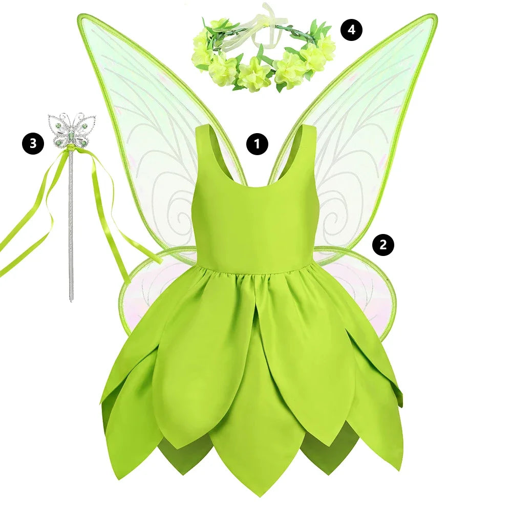 Girls Tinker Bell Costume – Green Fairy Princess Fancy Dress for Halloween, Birthday Parties & Cosplay, Ages 2–10Y