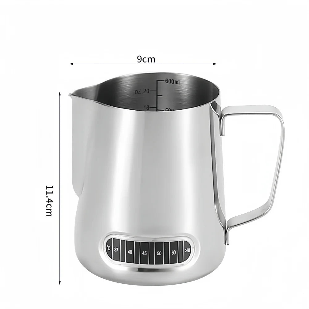 Jarra para espumar leche de café con indicador de temperatura - Jarra espumadora de leche de acero inoxidable con escala de medición para Latte Art y Espresso