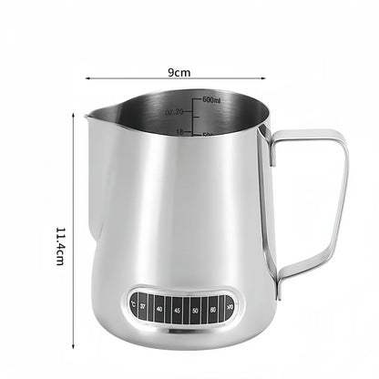 Jarra para espumar leche de café con indicador de temperatura - Jarra espumadora de leche de acero inoxidable con escala de medición para Latte Art y Espresso