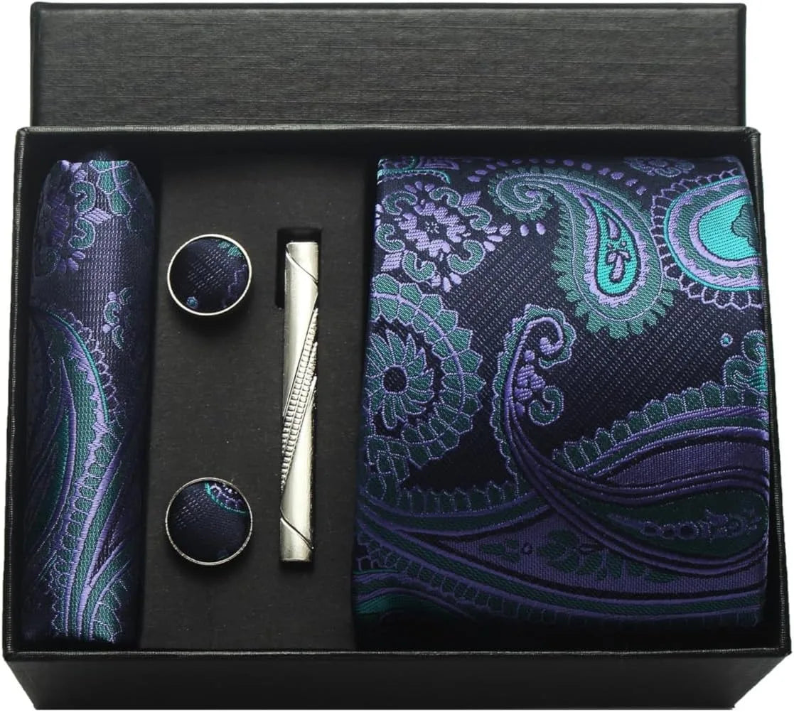 Corbata de seda 100% con diseño floral de Paisley para hombre con pañuelo de bolsillo, pasador de corbata y gemelos en caja de regalo