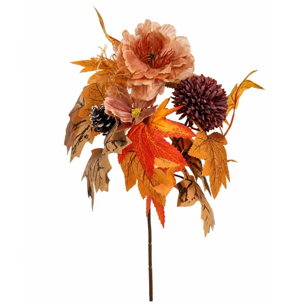 Artificial Fall Flower Bouquet with Maple Leaves & Pumpkin Accents – Faux Floral Stems for Thanksgiving, Halloween, Autumn Table Centerpieces & Home Decor