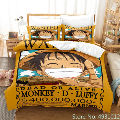 One Piece Luffy 3-Piece Bedding Set – 3D Cartoon Anime Duvet Cover & Pillowcase Set for Kids, Boys, Teens & Adults