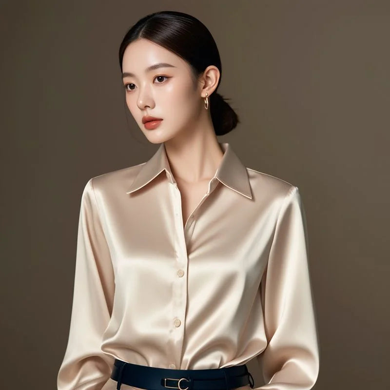 Chemisier en Soie Satinée à Manches Longues pour Femme – Chemise de Bureau Élégante Ample Boutonnée, Haut de Travail Professionnel d'Automne