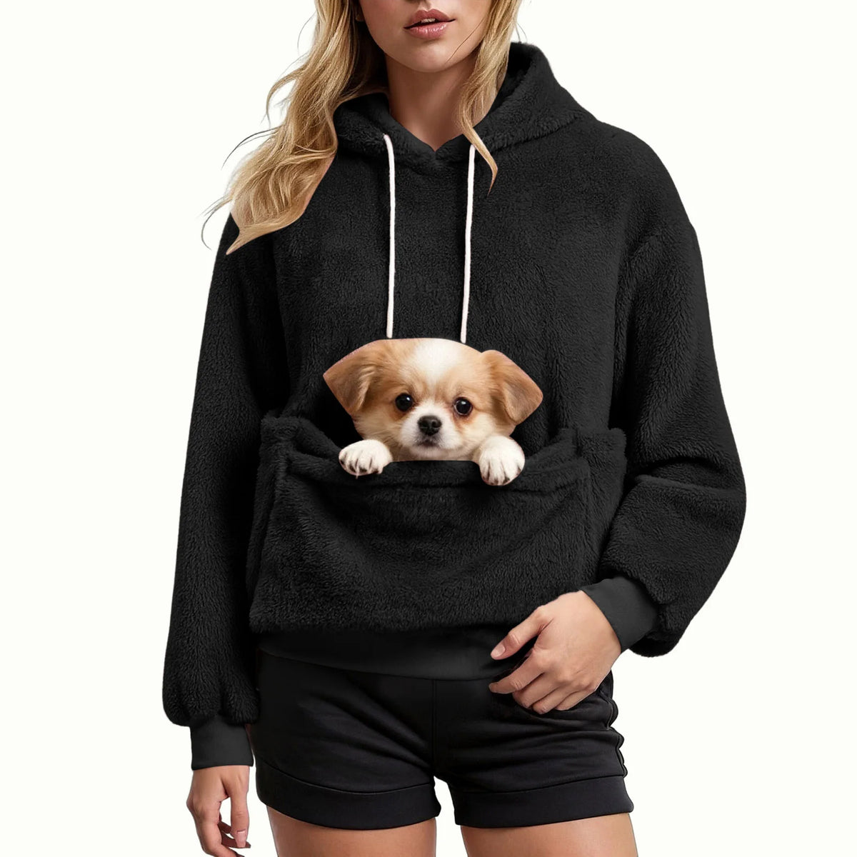 Women's Fall & Winter Fleece Hoodie – Casual Solid-Color Pullover Sweatshirt with Pet Pocket, Drawstring Hood & Cozy Loose Fit