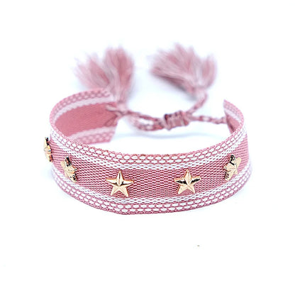 Bohemian Star Tassel Bracelet – Handmade Woven Alloy Gold Rivet Wrist Strap for Women | Ethnic Fashion Jewelry Gift