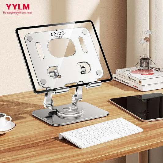 Soporte giratorio de 360° para tablet – Soporte de aluminio plegable ajustable para iPad Pro, iPad Air, iPad Mini y smartphones, soporte de escritorio para dispositivos