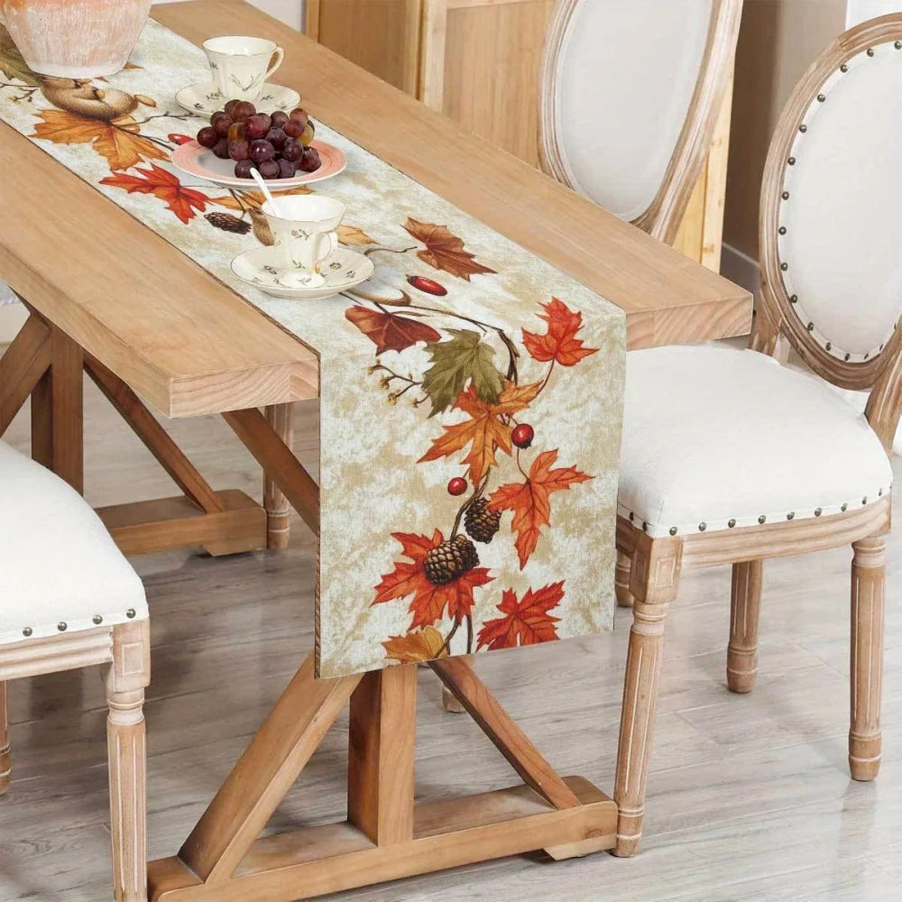 1PC Autumn Squirrel & Maple Leaf Table Runner – Cozy Fall Farmhouse Decor for Thanksgiving, Dining Tables & Holiday Gatherings