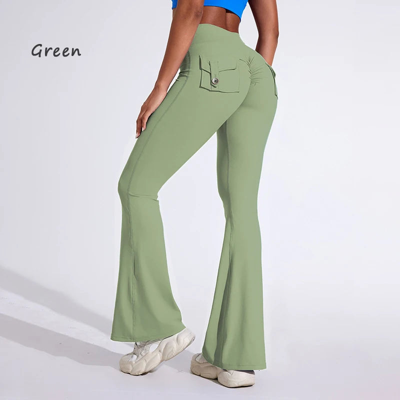 DIAS FIT JOY Pantalon de yoga évasé taille haute pour femme – Legging patte d'éléphant push-up avec poches, pantalon d'entraînement à séchage rapide pour la course, la gym, le fitness et l'exercice