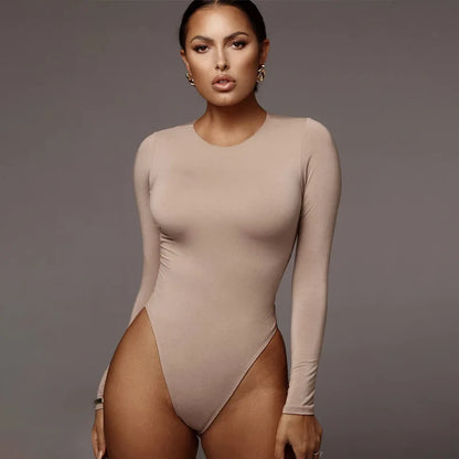Women O-Neck Long Sleeve Bodysuit – Solid Color Sexy Casual Streetwear Body Top (White/Black/Gray)