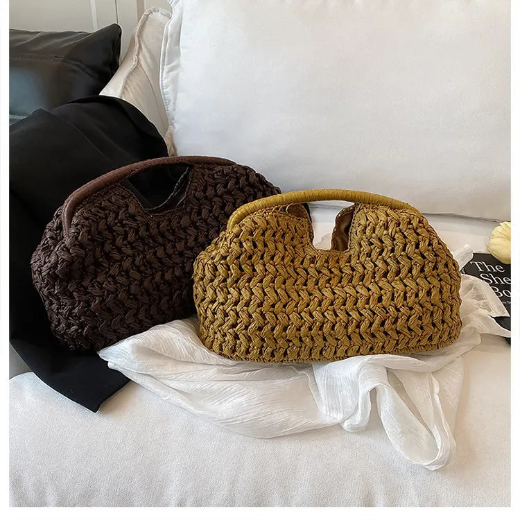 Bolso de playa de lujo de paja tejida para mujer - Bolso de mano de ratán de moda, Bolso de mano de verano para viajes, vacaciones, compras y salidas casuales, Bolso tejido a mano inspirado en el diseñador
